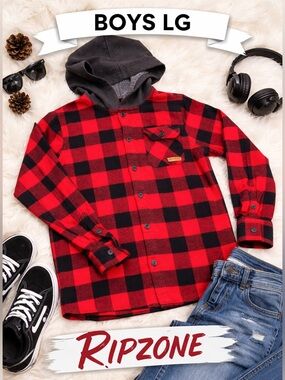 Ripzone Youth Large Red Black Buffalo Plaid Hooded Lightweight Button Up Shirt